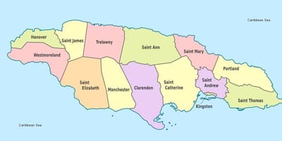 یک نقشه از جامائیکا با parishes و پایتخت