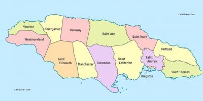 یک نقشه از جامائیکا با parishes و پایتخت